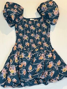 LoveShack Fancy Blue Floral Smocked Puff Sleeve Square Neck Mini Dress Size XS